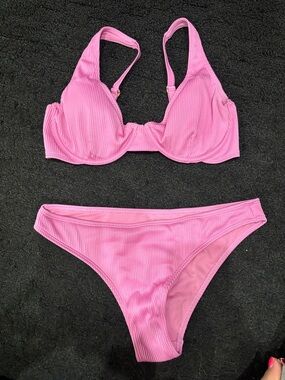 Ribbed Pink Underwire Bikini Set - Women Swim Bikinis